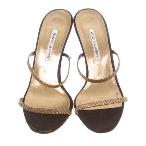 MANOLO BLAHNIK METALLIC SLIDE SANDALS
